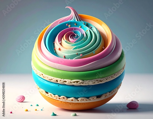 A vibrant, spiraling confection with layers of colorful frosting and decorative sprinkles