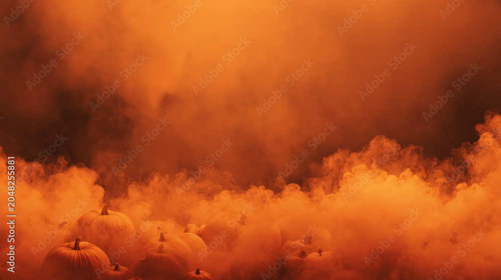 Fototapeta premium Pumpkin halloween smoke orange fog spooky autumn, pumpkin halloween smoke orange fog spooky autumn background with glowing