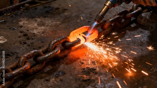 Close-up of a glowing hot metal chain being forged with sparks