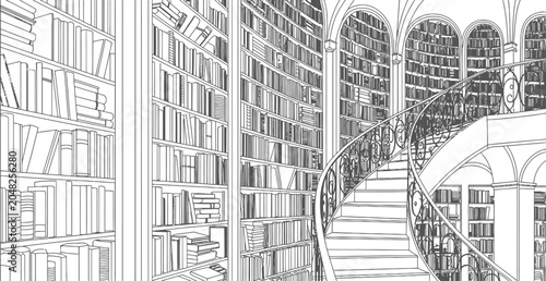 Foto Black and white library interior, vintage bookshelves, staircase illustration, l