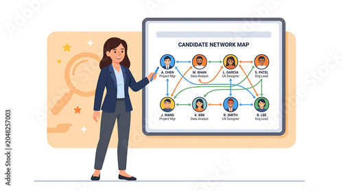 Flat vector illustration of a business woman presenting a candidate network map, showcasing connections and relationships