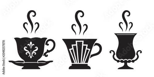 фотографія Black Silhouette Icon Set of Decorative Ornate Teacup