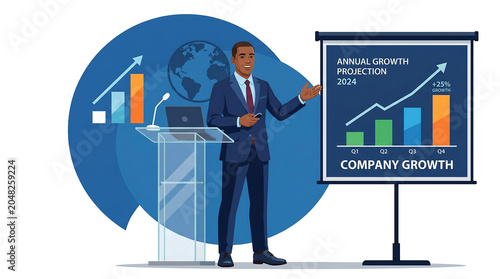 Business Professional Presenting Annual Growth Projection Chart in Flat Vector Illustration Style