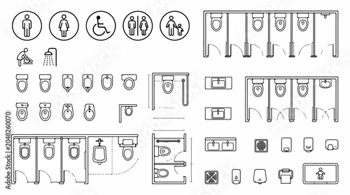 Public restroom floor plan symbols, architectural toilet layout icons, bathroom interior design elements for CAD and technical drawings