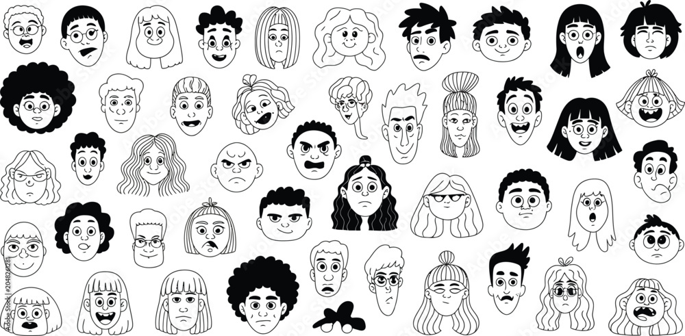 Fototapeta premium Diverse Cartoon Faces, Hand Drawn Illustrations, Black and White Avatars, Vector Character Heads