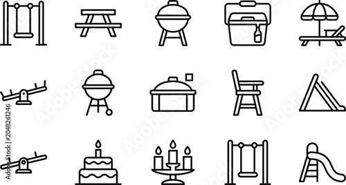 Tableau sur toile Outdoor Living and Backyard Recreation Line Icon Set Featuring Barbecue Grill Sw