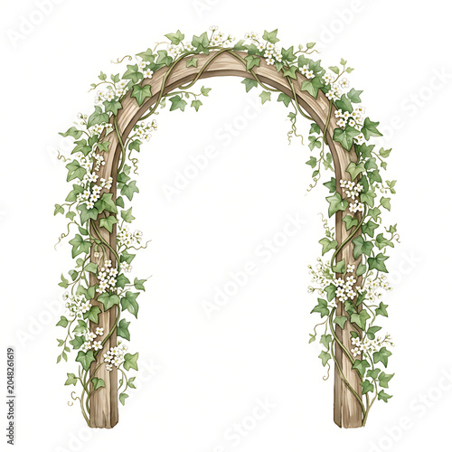 Watercolor wooden garden arch frame with green ivy leaves and white flowers