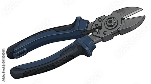 Fotografie A pair of dark blue handled bolt cutters with metal blades and grips on a white background