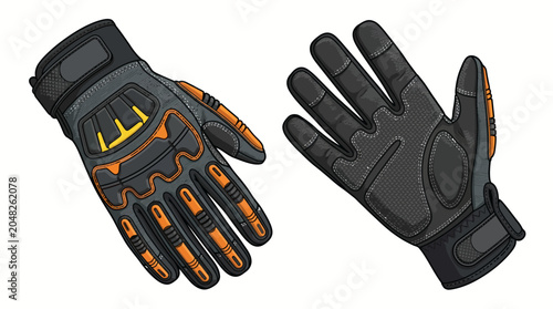 Schilderij op canvas A pair of black and orange protective gloves with touchscreen compatible fingertips on a white background