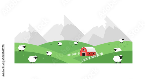 Obraz na płótnie Vector Illustration of a Rural Farm Landscape with Sheep and Mountains
