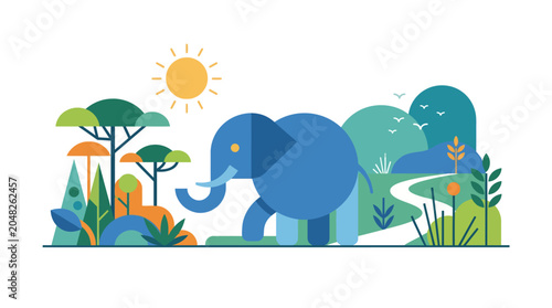 Stylized flat vector illustration of a cute blue elephant walking through a colorful jungle landscape with abstract trees, sun and a winding path
