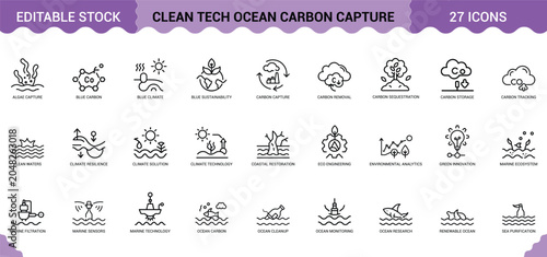 Tableau sur toile Clean tech ocean carbon capture icons set for marine environmental protection and climate solutions