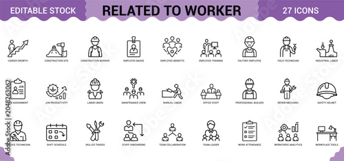 Worker related line icon collection with twenty seven professional labor and industrial staff signs.