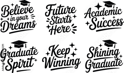Foto Set of Six Inspirational Graduation Quotes Featuring Elegant Typography and Academic Iconography