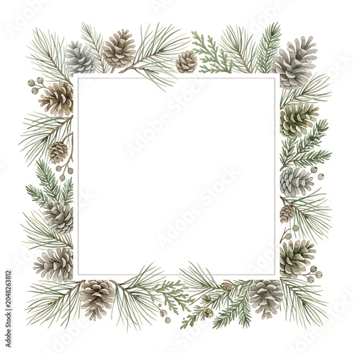 Beautiful pastel watercolor botanical winter frame clip art with evergreen pine and cones, perfect for holiday designs