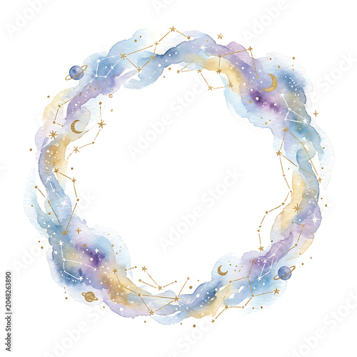 Dreamy celestial watercolor frame clip art with stars and planets
