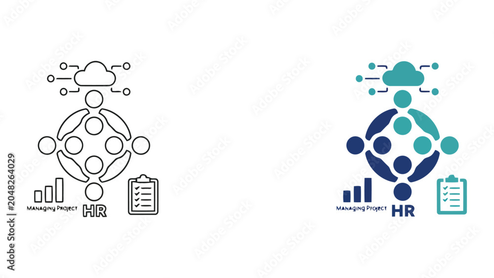 Fototapeta premium Project management and human resources organization icons with cloud computing and checklist symbols in outline and teal graphic design styles for modern business administration and workflows