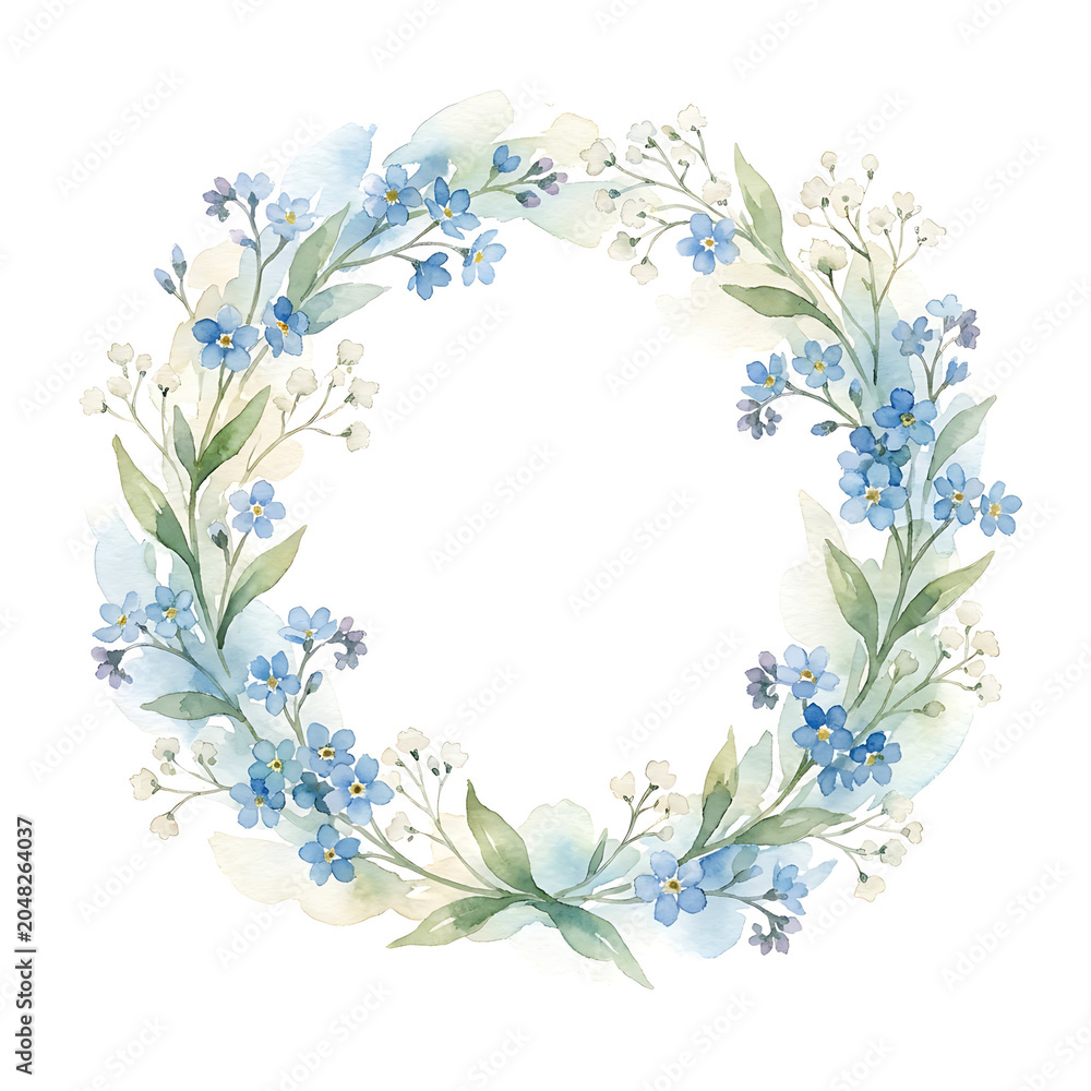 Fototapeta premium Watercolor frame clip art of forget-me-nots and baby's breath wreath