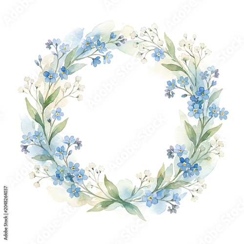 Watercolor frame clip art of forget-me-nots and baby's breath wreath