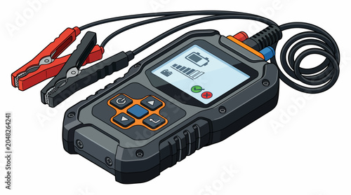 Bild auf Leinwand Illustration of a portable battery tester with a digital display screen and attached cables and clamps on a white background