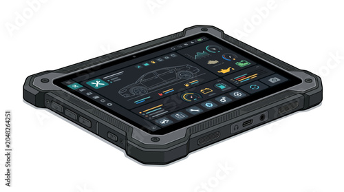 Tableau sur toile Rugged tablet with a touchscreen interface and protective casing on a plain white background