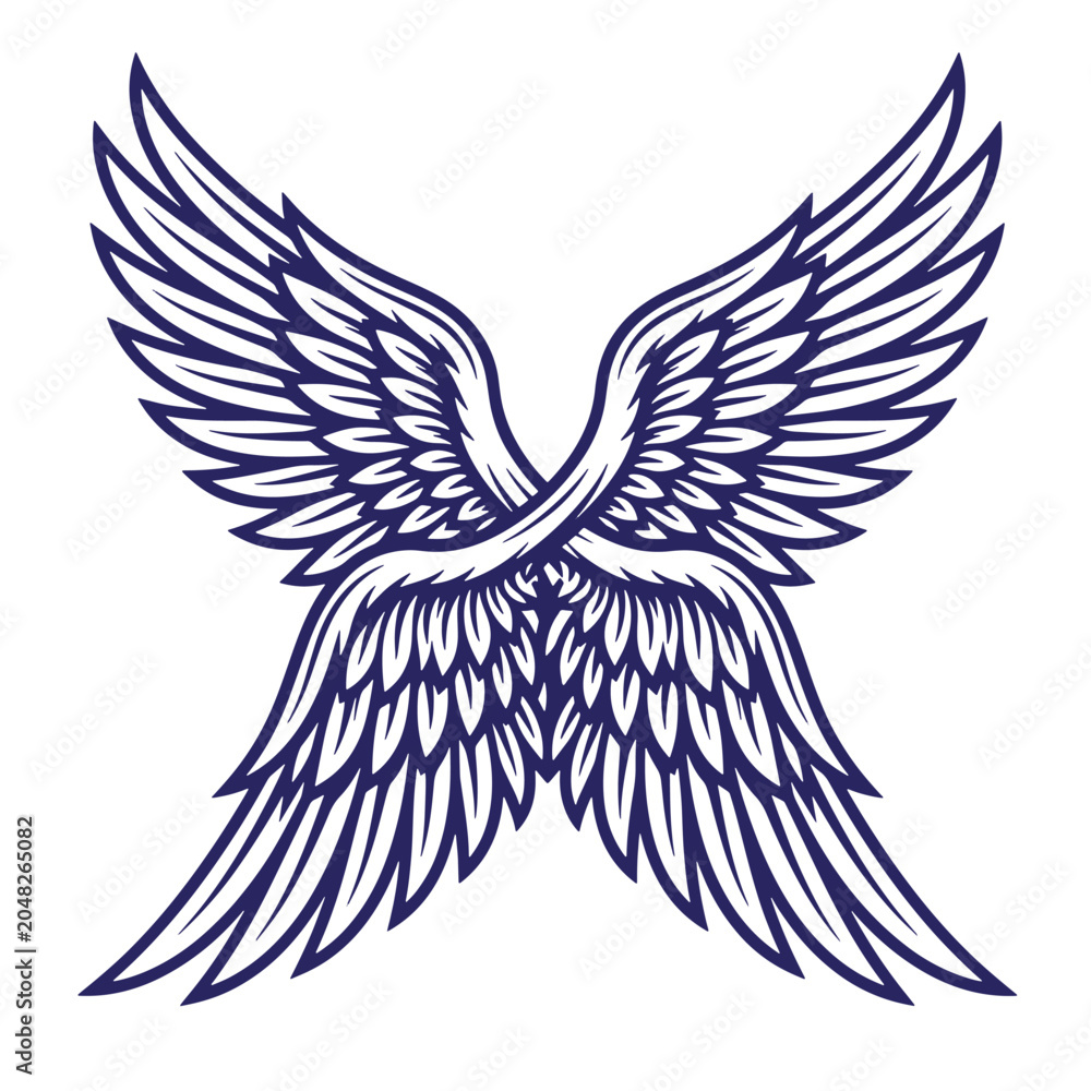 Fototapeta premium Graphic illustration of a pair of detailed bird wings with feathers illustration ornament monochrome isolated background detailed mystical religious spiritual