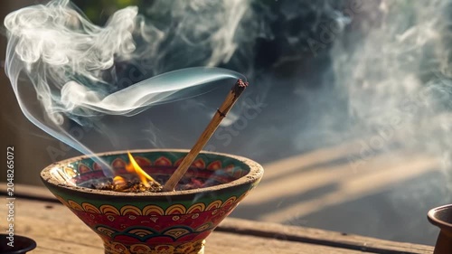 Incense burning in colorful bowl with aromatic smoke rising gently reflecting spiritual indian ritual and peaceful ayurveda tradition atmosphere