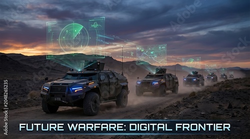 Convoy of armored military vehicles driving through a desert landscape with holographic radar displays and digital data overlays in a futuristic setting