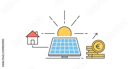 Solar Energy Savings: House, Panel, Sun, and Euro Coins
