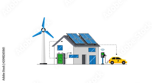 Photos Eco-friendly house with solar panels, wind turbine, battery, and electric car ch