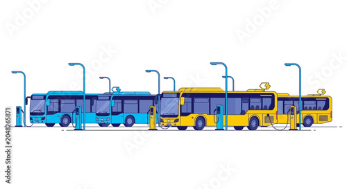 Electric Buses Charging at Station, Sustainable Urban Transport Concept