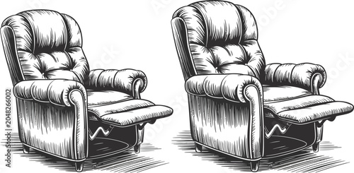 Schilderij op canvas Vintage recliner chairs, leather armchairs, tufted upholstery, black and white i