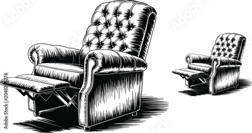 Schilderij op canvas Recliner chairs, tufted leather armchairs, black and white illustration, furnitu