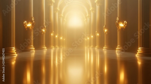 Discover the illuminated golden hallway majestic palace architectural marvel serene atmosphere grand perspective of tranquility