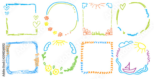 Pastel scribble border set with mixed frame elements, cute crayon texture and playful childlike style.