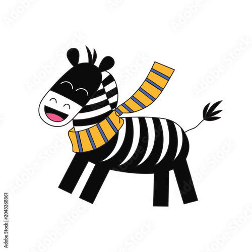 Zebra in blue and yellow scarf character illustration.