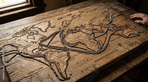 Global Logistics Network and Trade Routes on Rustic Wooden World Map