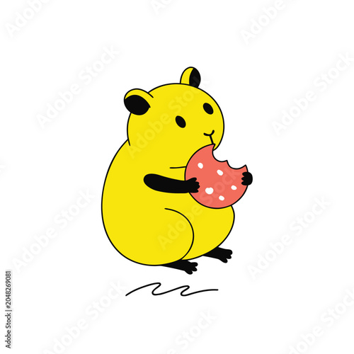Cute yellow hamster eating cookie cartoon character.