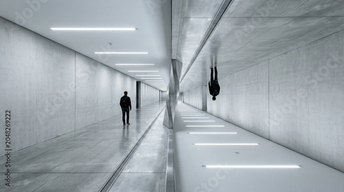 Man Walking in Modern Concrete Hallway with Reflection