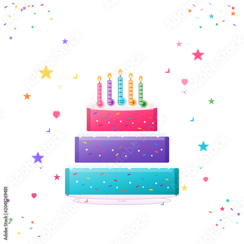 Colorful Three Tier Birthday Cake with Candles