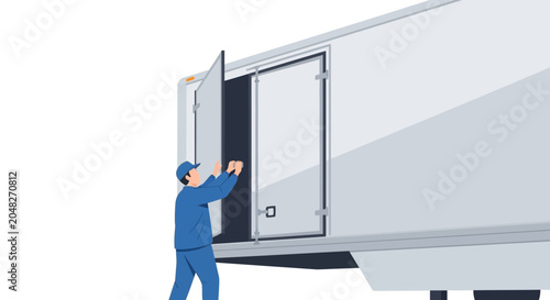 Obraz na płótnie Delivery driver opening refrigerated truck trailer door for cargo loading or unl