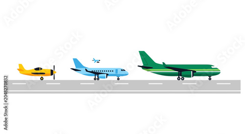 Bild auf Leinwand Evolution of flight: small propeller plane to modern jetliners on runway