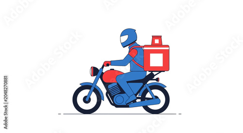 Foto Motorcycle food delivery courier with insulated box, fast service, isolated on w