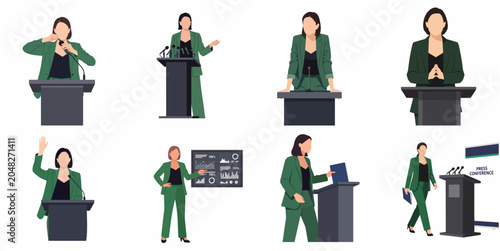 Tableau sur toile Businesswoman character set giving a presentation at a podium for press conferen