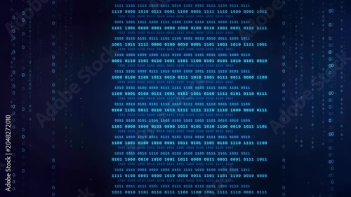 Abstract digital binary code scrolling on a dark blue background for technology and data concepts