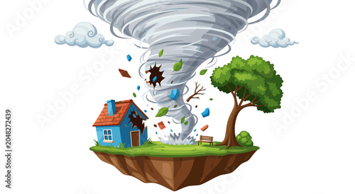 Tableau sur toile Vector illustration destructive tornado hitting a small house and tree on a floa