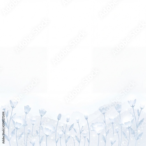 Ethereal blue floral border with soft sparkles on white background