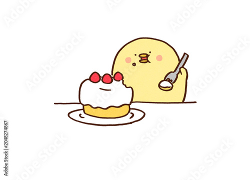 Εκτύπωση καμβά Chick stuffing its cheeks with a delicious strawberry shortcake, sweet tooth or