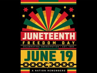 Juneteenth Freedom Day graphic celebrating emancipation with vibrant colors and historical context of June 19 1865