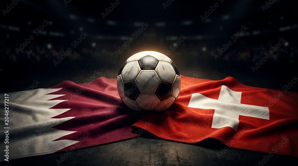 Naklejka premium Soccer ball on qatar and switzerland flags in a stadium background